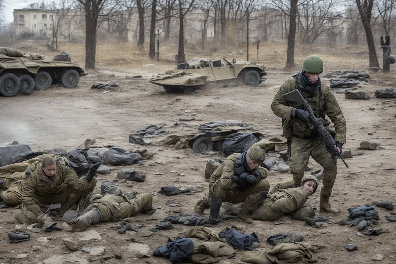 Soldiers engaged in military actions in Eastern Ukraine amid combat.