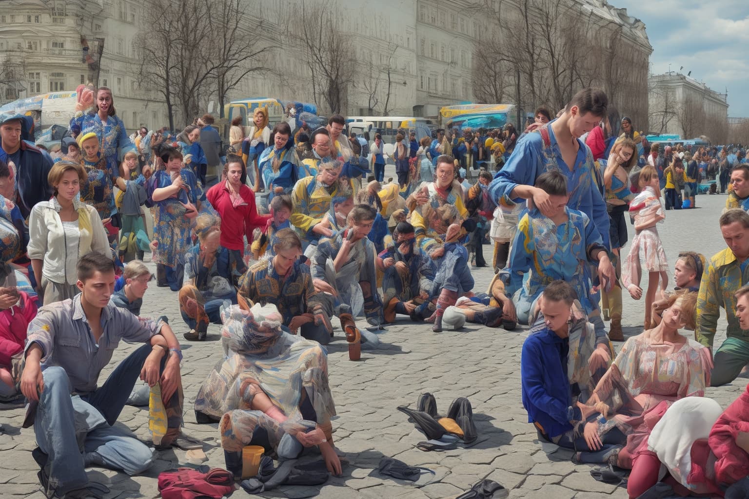 Ukrainian and Russian travelers interacting in a public space.