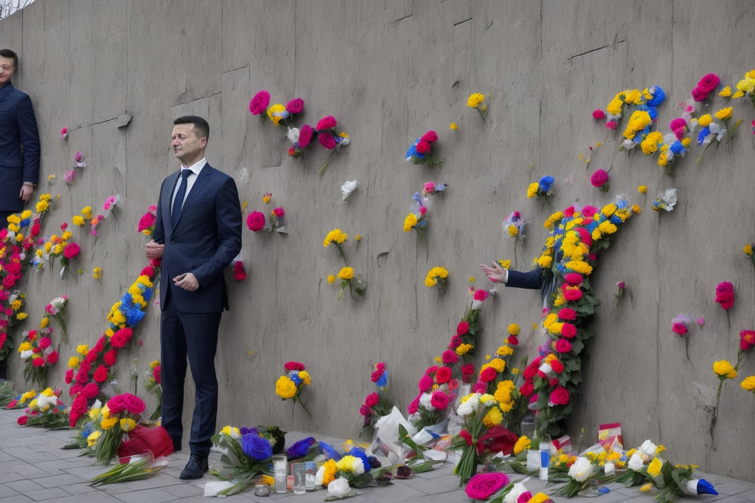 AI illustration of President Volodymyr Zelensky and Dutch Prime Minister Rob Jetten commemorated fallen Ukrainian defenders at the Wall o...