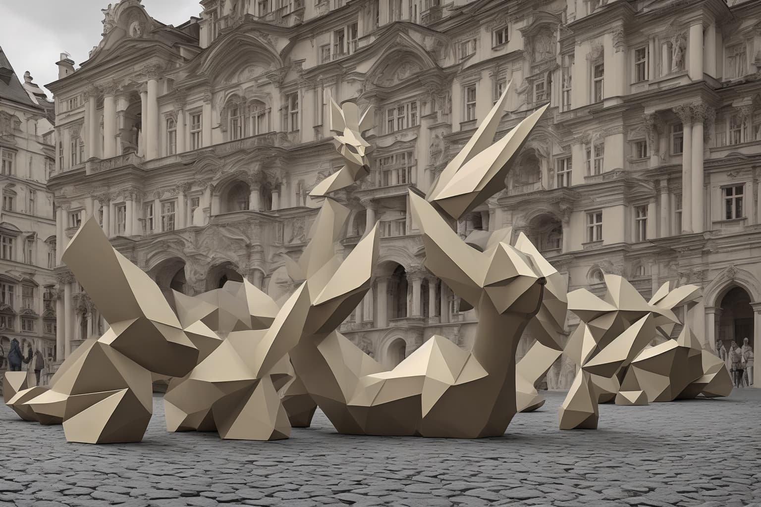 AI illustration of The Ukrainian sculpture 'Origami-Deer' by artist Zhanna Kadyrova was unveiled in Prague, Czech Republic, and will serv...