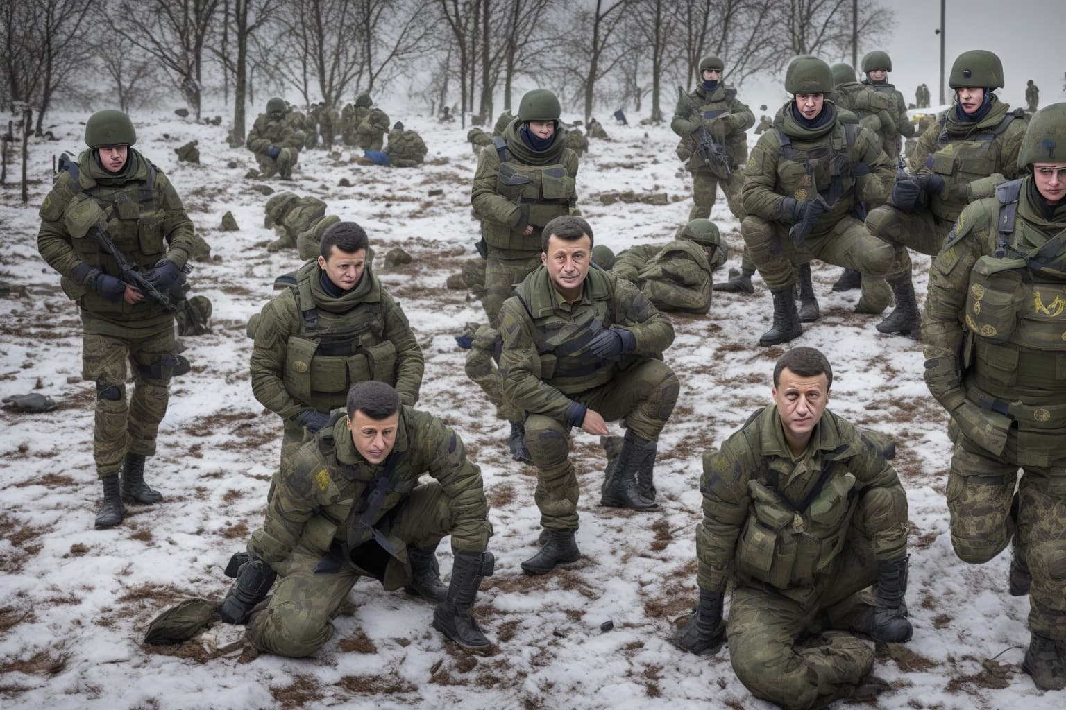 Ukrainian soldier standing vigilant in a winter landscape.