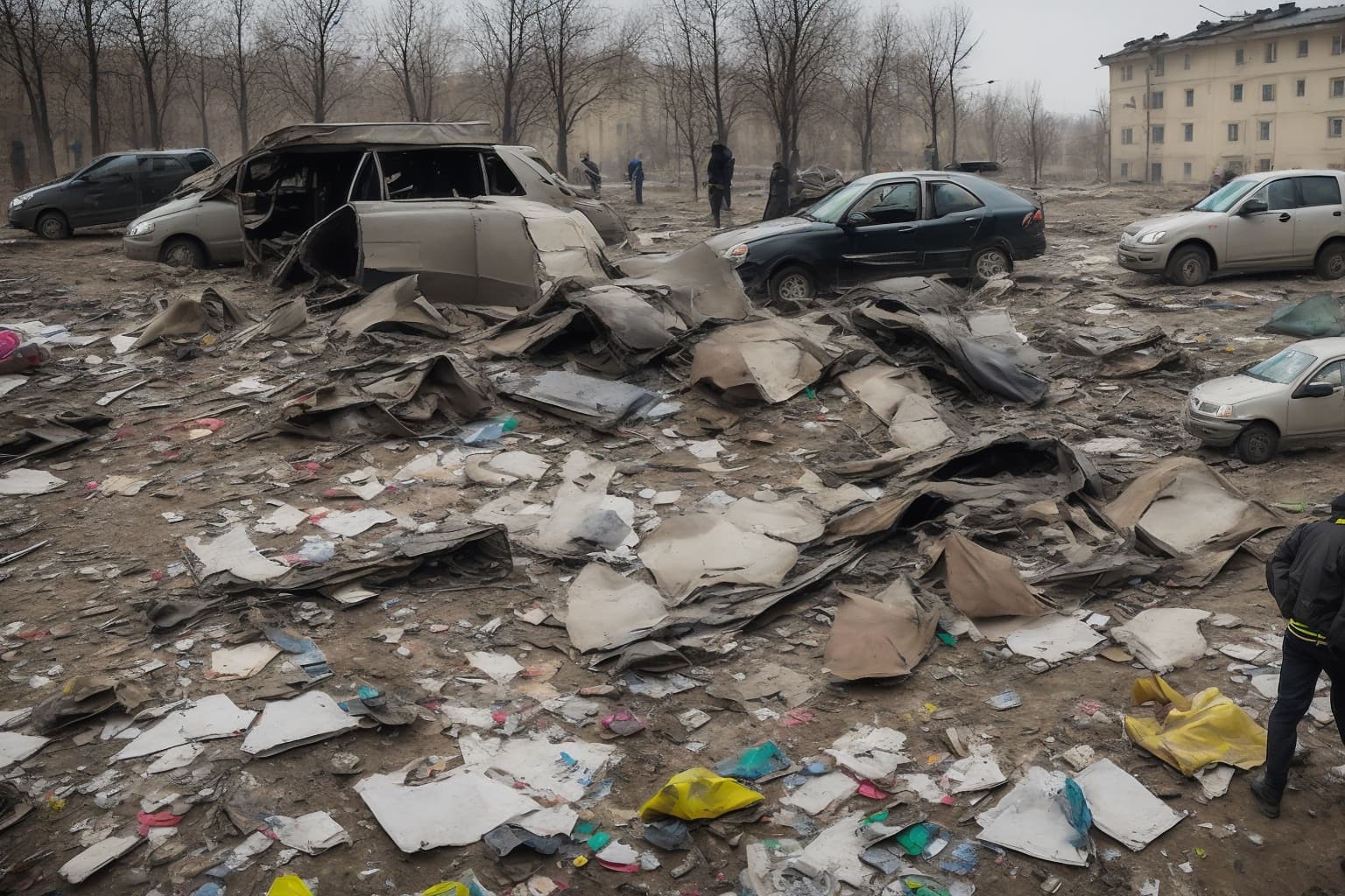 Destruction in a residential area of Kharkiv following drone attacks.
